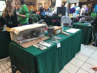 a quail in a cage on a table with a green tablecoth